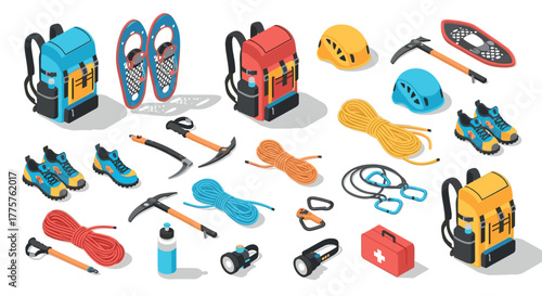 Outdoor adventure equipment for snow and mountain activities in isometric style