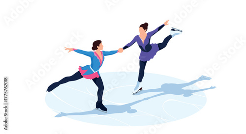 Elegant ice skating duo performing graceful moves on ice rink in isometric style