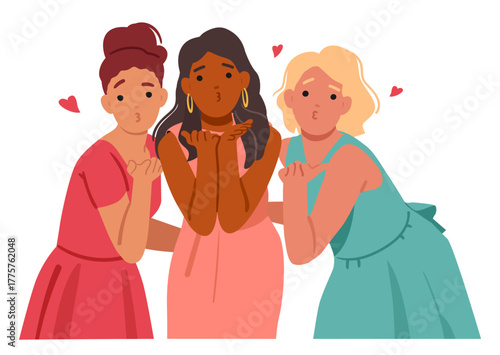 Charming girls friends cartoon characters sending romantic gesture with air kisses isolated on white