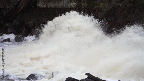 A powerful river current crashes between rugged rocks, creating frothy whitewater and dynamic textures in a wild, moss-lined natural channel.