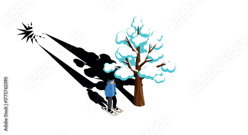 Isometric winter scene with skiing figure and snowcovered tree