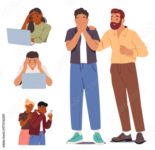 Unhappy sad people suffering from negative emotions due to impact of bad news isolated set