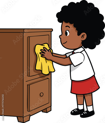 Young girl cleaning wooden cabinet with cloth in tidy home environment with focus and care 