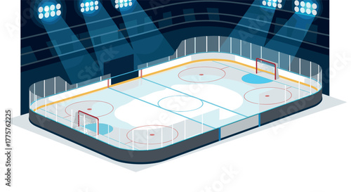Isometric ice hockey arena with illuminated spotlights and detailed rink design