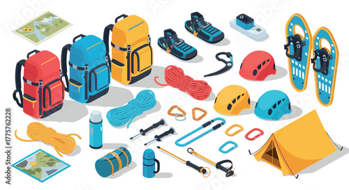Outdoor adventure gear set with hiking backpacks, climbing equipment, and camping essentials in isometric style