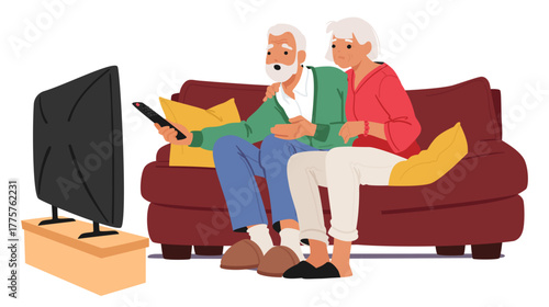 Elderly couple characters with expressions of concern and sadness watching bad news on tv-set