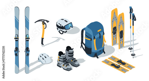 Essential winter sports equipment in isometric style gear for skiing, snowboarding, and climbing adventures