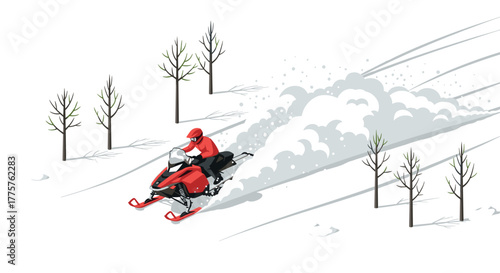 Snowmobile adventure in winter landscape with red rider in motion