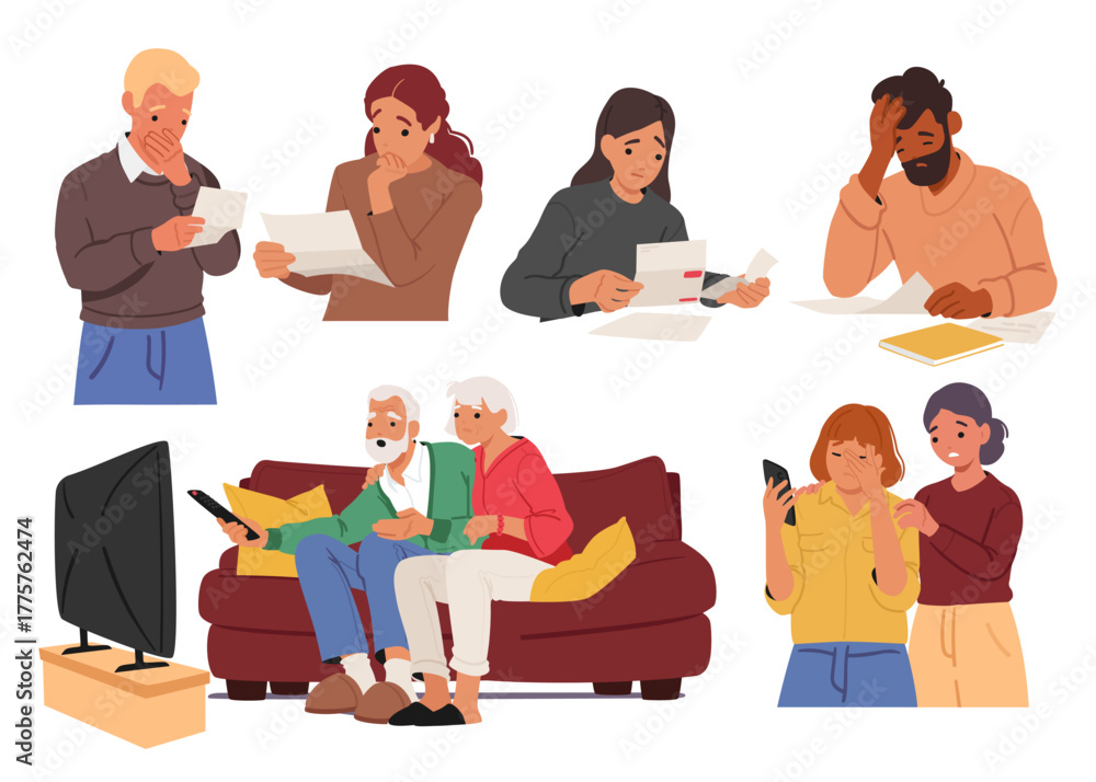 Fototapeta premium Diverse people cartoon characters reacting on received bad news from different resources set