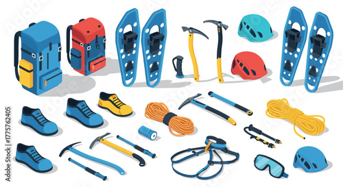 Essential outdoor equipment for winter hiking in isometric design