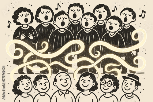 Choir of Glowing Ribbons. A doodle scene of a smiling choir singing with hwyl, their voices turning into glowing ribbons wrapping