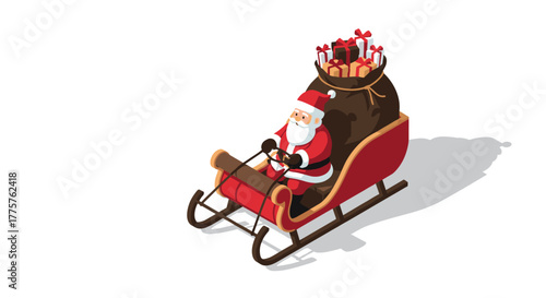 Santa claus riding sleigh with gifts in isometric style for christmas celebration
