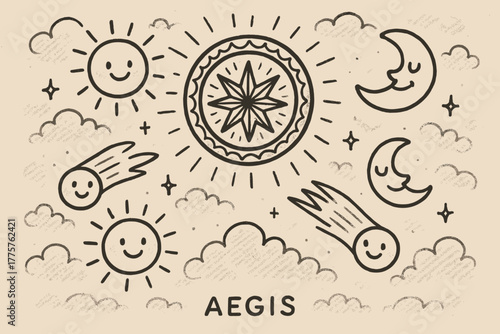 Celestial Doodle Fun. A doodle scene of the aegis floating in the sky, with smiling suns, cheerful moons, and playful comets