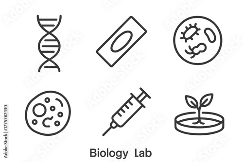 Biology Lab Icons. Line style icons of biology lab: DNA helix, microscope slide, bacteria colony, cell diagram, syringe, plant