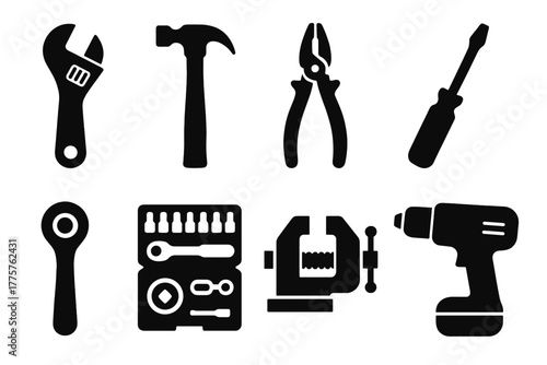 Tool Icons Collection. Solid style icons of Workshop Tools: adjustable wrench, hammer, pliers, screwdriver, ratchet, socket set,