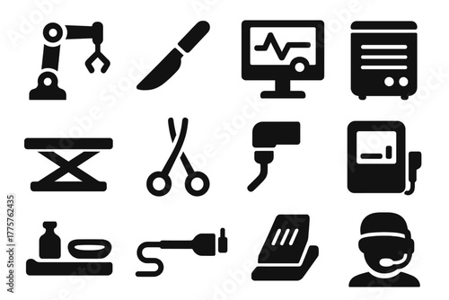 Robotic Surgery Icons. Solid style icons of robotic surgery: robotic arm, scalpel tool, console screen, joystick, operating table,