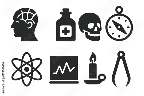 Obsolete Science Icons. Solid style icons of Obsolete Science: Phrenology Head, Ether Bottle, Skull, Compass, Diagram, Chart,