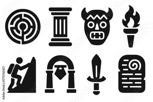 Ancient Challenge Icons. Solid style icons of Ancient Challenges: labyrinth, stone pillar, ritual mask, torch, mountain climb,