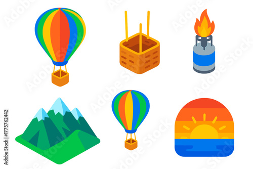 Colorful Hot Air Balloon. Isometric vector illustration set Hot Air Balloon: colorful balloon with stripes, wicker basket with