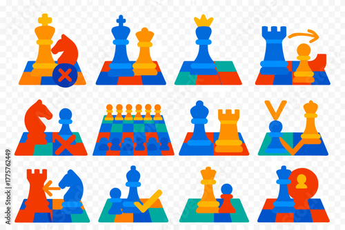 Chess Tactics Icons. Flat vector icons of chess gameplay: checkmate scene, stalemate position, pawn promotion, castling move, en