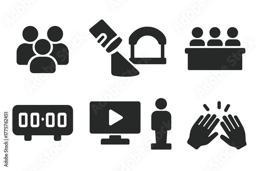 Competition Icons Scene. Solid style icons of Competition Atmosphere: Audience, Spotlight, Stage, Judges Desk, Digital Timer,