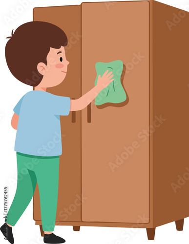 Young boy cleaning brown wooden cabinet with green cloth in simple home interior vector illustration 