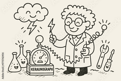 Whimsical Scientist Doodle. A doodle scene of a friendly scientist with a whimsical keraunograph, surrounded by playful bottles,