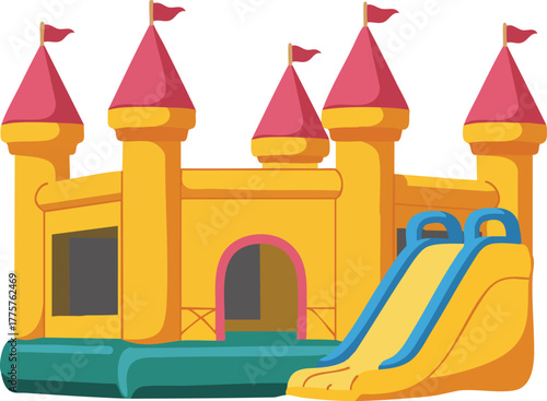 Inflatable castle bounce house with slide for children outdoor play and party entertainment vector illustration 