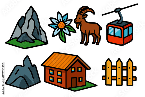 Alpine Tourism Icons. Isometric vector illustration set Alpine Tourism: rocky mountain peak, edelweiss flower, alpine goat, moving