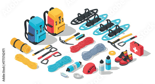 Isometric hiking and climbing gear essentials for outdoor adventures