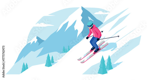 Dynamic skier in motion on a snowy mountain slope with blue highlights