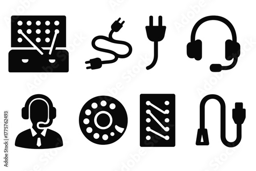 Telecommunication Icons. Solid style icons of Telecommunication History: Switchboard, Cord, Plug, Headset, Operator, Dial, Panel,