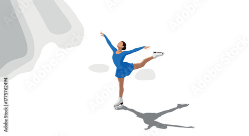 Elegant figure skater in blue dress performing graceful pose on ice