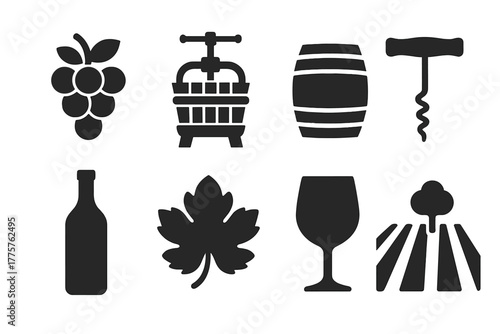 Winemaking Icon Set. Solid style icons of Winemaking: Grape Cluster, Wine Press, Barrel, Corkscrew, Bottle, Vine Leaf, Goblet,