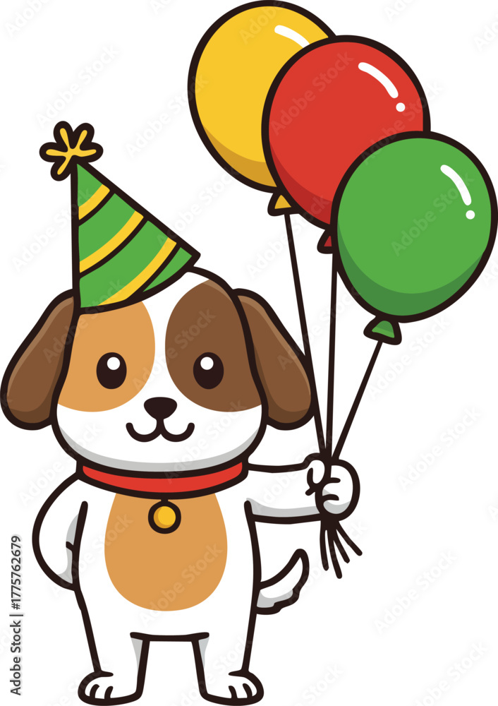 Obraz premium Cute cartoon dog with party hat holding colorful balloons for birthday celebration and festive occasions vector illustration 