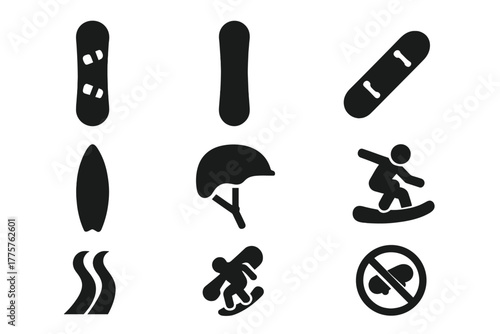 Extreme Boarding Icons. Solid style icons of Extreme Boarding: Snowboard, Sandboard, Skateboard, Surfboard, Helmet, Jump, Tracks,