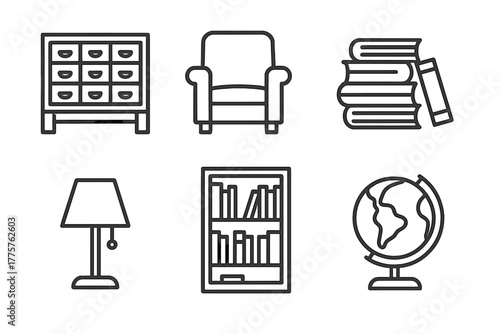 Library Icons Collection. Line style icons of library essentials: card catalog, reading chair, book stacks, lamp, bookshelf, globe