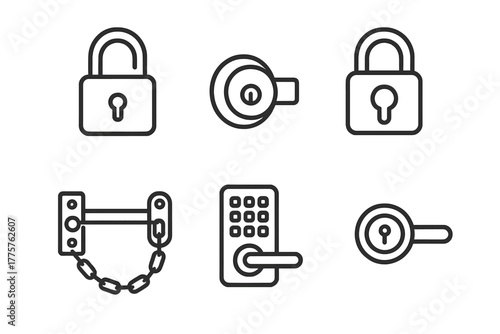 Security Lock Icons. Line style icons of security locks: padlock, deadbolt, combination lock, chain lock, digital keypad, cam lock