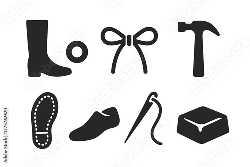 Bootmaking Tools Icons. Solid style icons of Bootmaking: Tall Boot, Metal Eyelet, Shoelace, Hammer, Stitched Sole, Wooden Last,