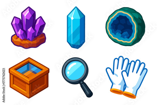 Mineral Treasures Display. Isometric vector illustration set Mineral Treasures: raw amethyst, polished quartz point, open geode