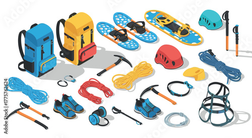 Isometric winter mountaineering gear collection in vibrant colors