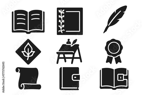 Medieval Manuscript Icons. Solid style icons of Medieval Manuscripts: open codex, decorated margin, quill pen, gold leaf, scribe