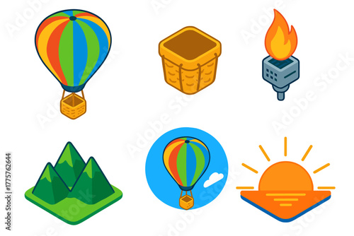 Colorful Hot Air Balloon. Isometric vector illustration set Hot Air Balloon: colorful balloon with stripes, wicker basket with