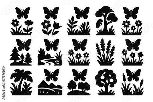 Butterfly Habitat Icons. Solid style icons of butterfly habitats: meadow, garden flower, tropical rainforest, field of daisies,