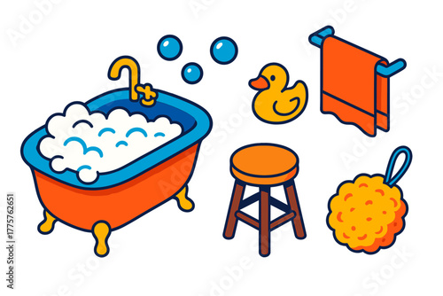Cozy Bath Essentials. Isometric vector illustration set Cozy Bath Time: clawfoot bathtub, rubber duck, floating bubbles, hanging
