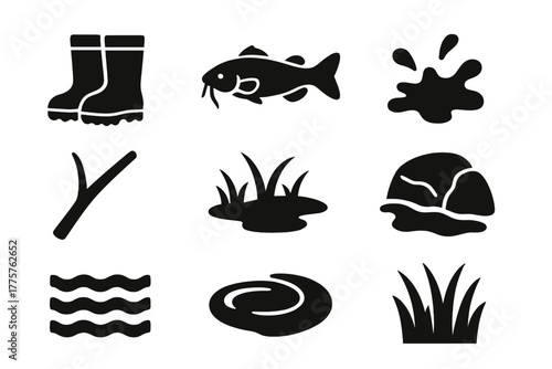 Riverbank Fishing Icons. Solid style icons of Riverbank Fishing: Wet Boots, Catfish, Muddy Water, Wooden Stick, Grassy Shore, Rock