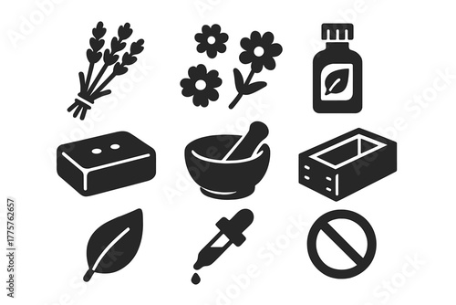 Herbal Soap Crafting Icons. Solid style icons of Herbal Soap Crafting: Lavender Bundle, Dried Flowers, Essential Oil Bottle, Soap