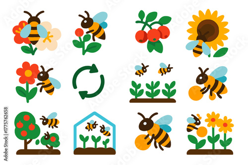 Vibrant Pollination Icons. Flat vector icons of pollination: bee on fruit blossom, bee on vegetable flower, bee on berry bush, bee