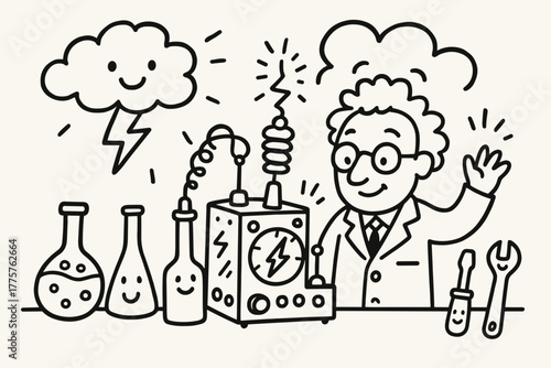 Whimsical Scientist Doodle. A doodle scene of a friendly scientist with a whimsical keraunograph, surrounded by playful bottles,
