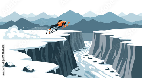 Snowmobile jump over icy canyon with panoramic mountain landscape in winter adventure